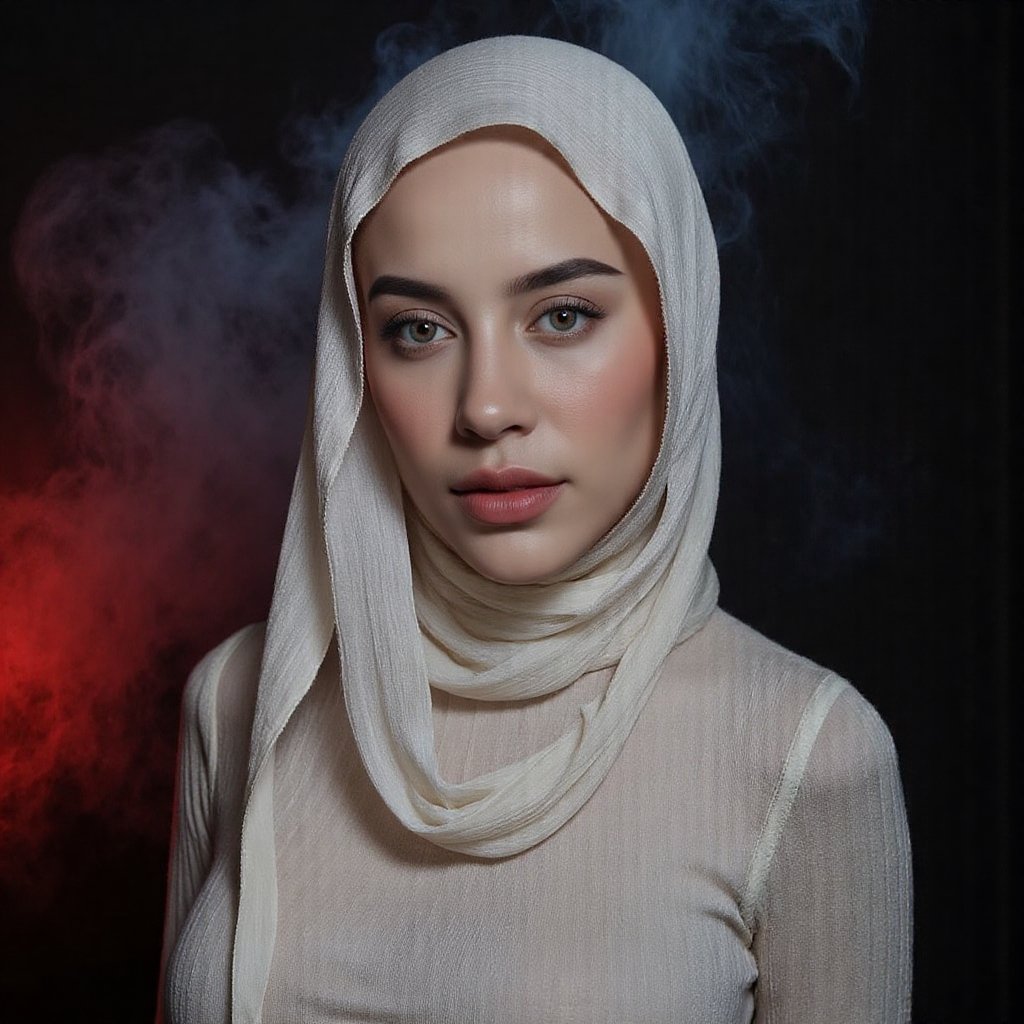 This image is an evocative,  seductive,  high-definition picture of a breathtakingly gorgeous model wearing hijab by jusTo...