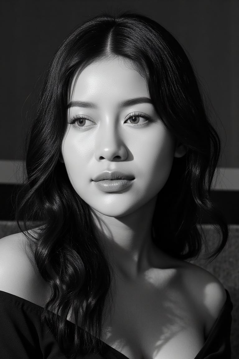 Ultra-realistic cinematic black-and-white high fashion portrait based on the uploaded reference face. A stunning Asian wom...