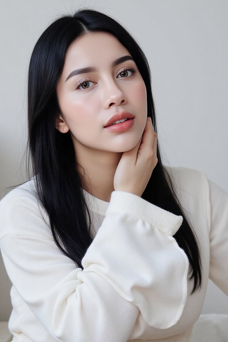 A serene portrait captures a solo female figure,  long black hair cascading down her back,  parted lips subtly conveying i...