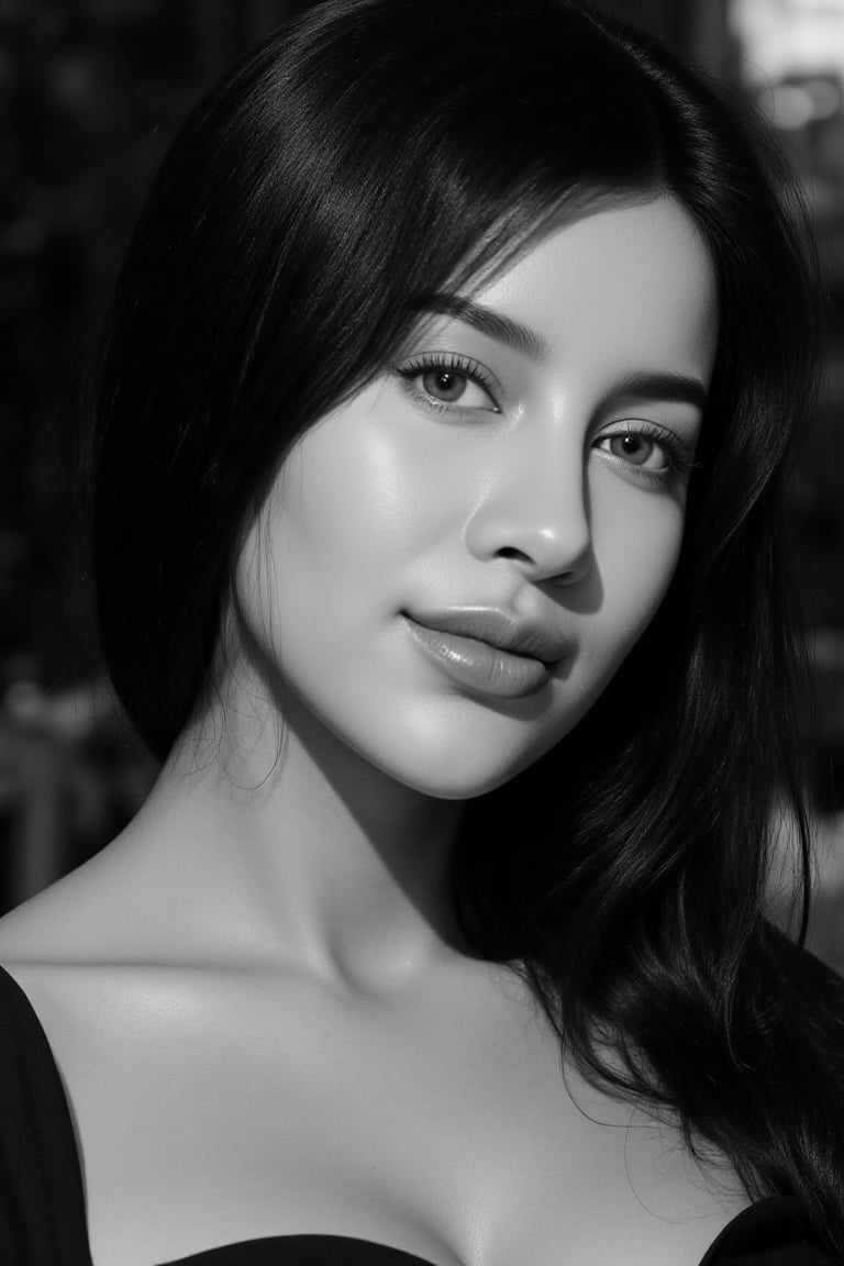 Ultra-realistic cinematic black-and-white high fashion portrait based on the uploaded reference face. A stunning Asian wom...