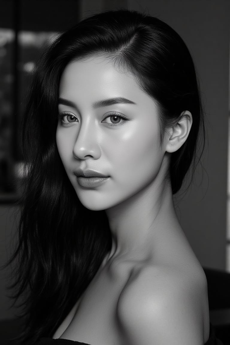 Ultra-realistic cinematic black-and-white high fashion portrait based on the uploaded reference face. A stunning Asian wom...