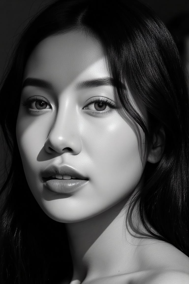 Ultra-realistic cinematic black-and-white high fashion portrait based on the uploaded reference face. A stunning Asian wom...