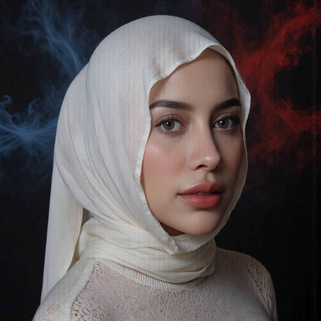This image is an evocative,  seductive,  high-definition picture of a breathtakingly gorgeous model wearing hijab by jusTo...