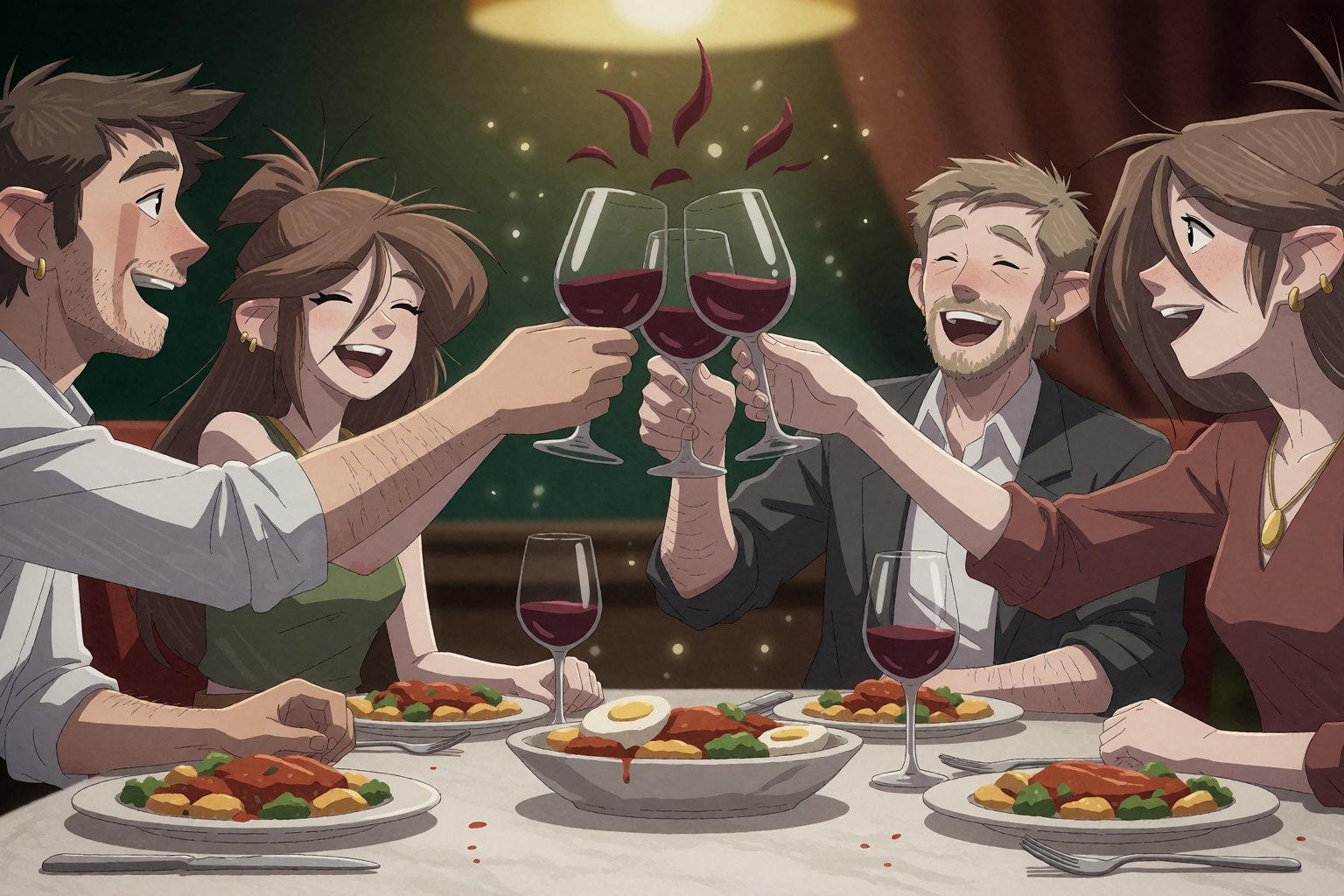 A wide shot of four friends sitting around a restaurant table clinking wine glasses together in a toast,  all hands meetin...