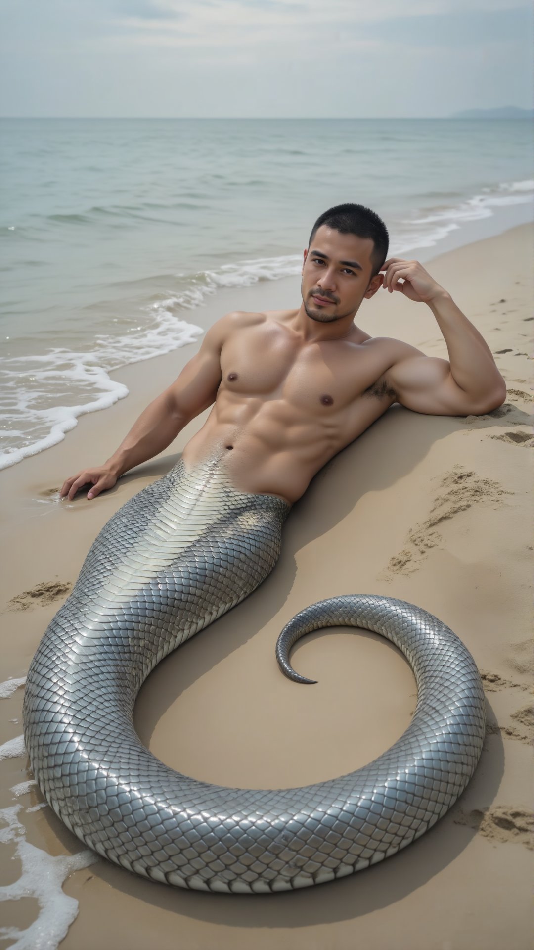人蛇族,  A serpent - man: muscular shirtless human torso,  reclining on a sandy beach where gentle waves lap at the shore by...