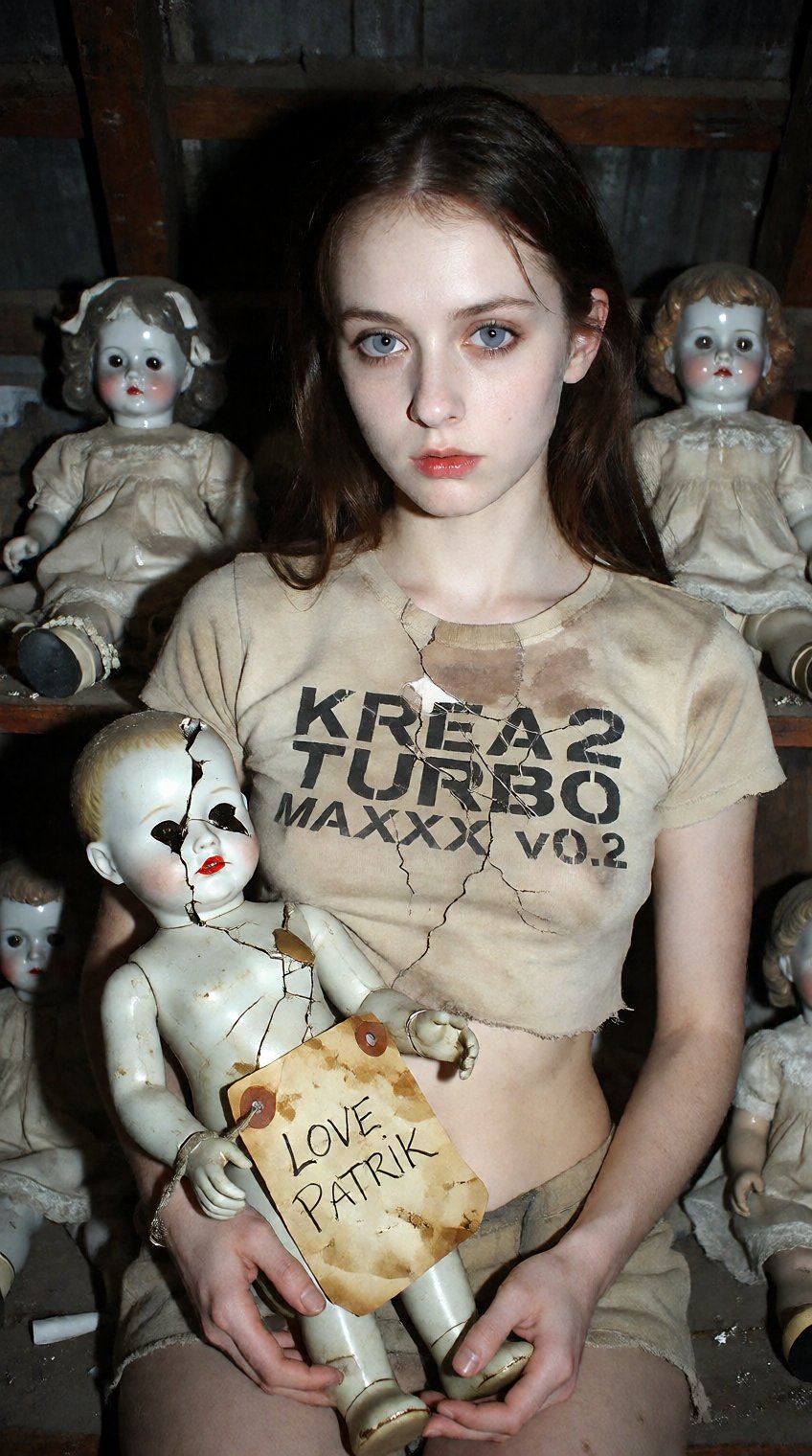 Raw photorealistic horror aesthetic photograph,  high ISO noise and gritty film grain. A young woman with an eerie,  porce...
