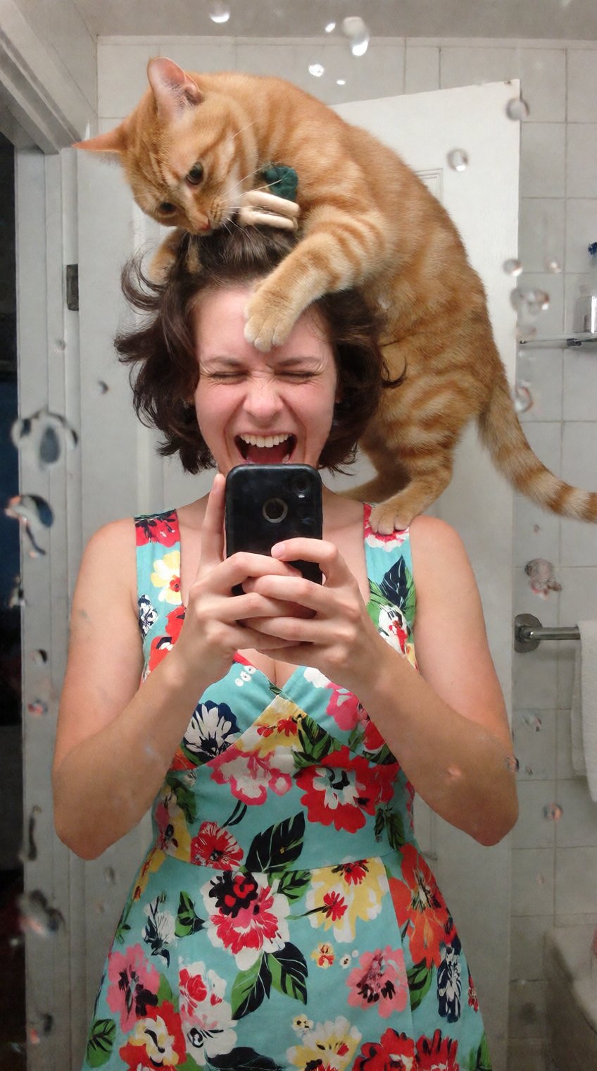 This amateur smartphone photo captures a hilarious,  chaotic mirror selfie in a bathroom. A beautiful 25-year-old woman is...