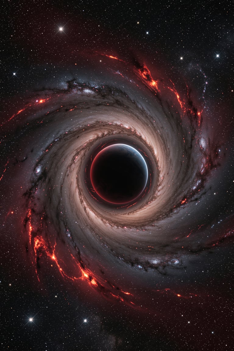 FuturEvoLab_Red,  A breathtaking cosmic scene featuring a massive swirling galactic vortex in space. The vortex is surroun...