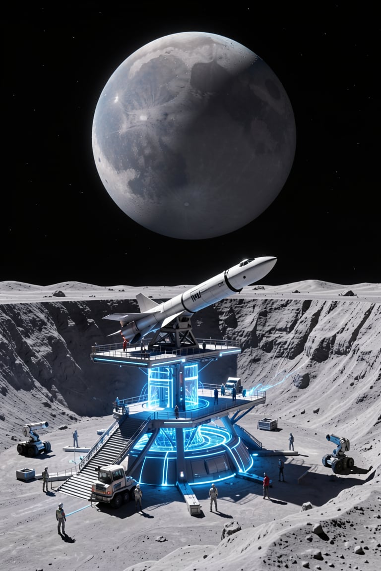 A high-tech launch facility built into a crater on the moon,  with a starship ready for takeoff on an elevated platform. T...