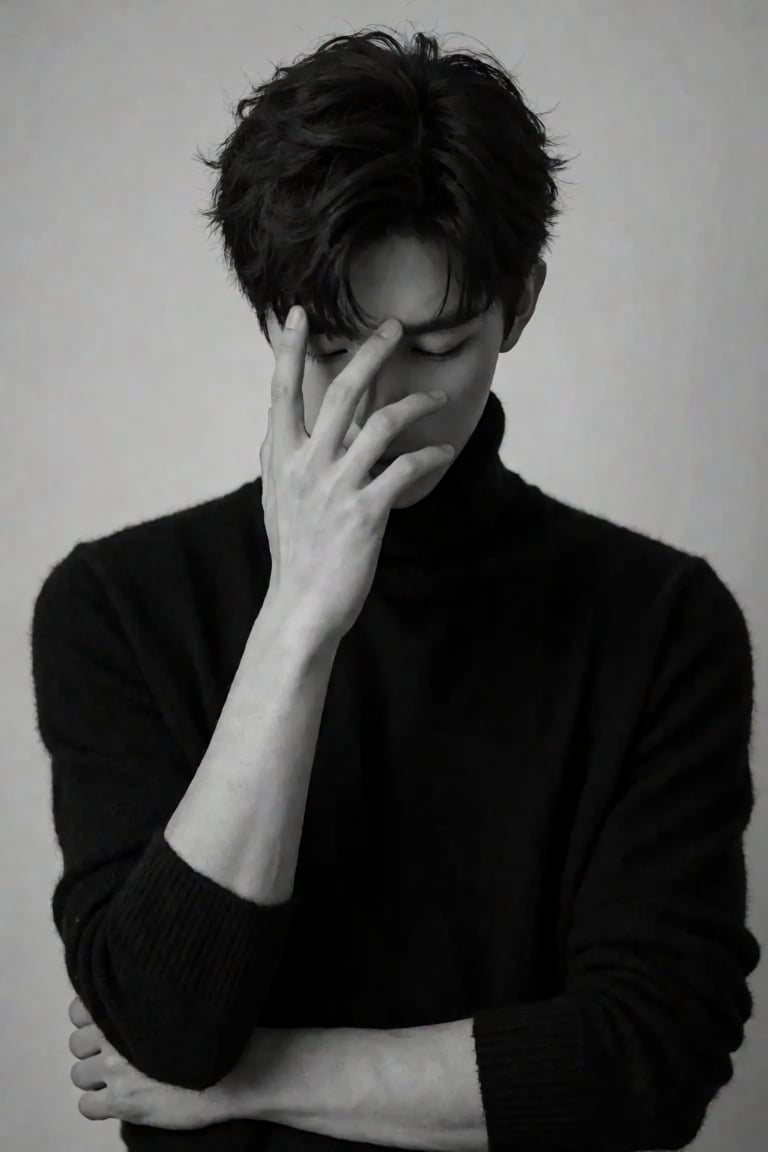黑白手机壁纸,  充满内敛的魅力。 画面中,  身着黑色高领毛衣的男生 by 小纸条 on Tensor.Art