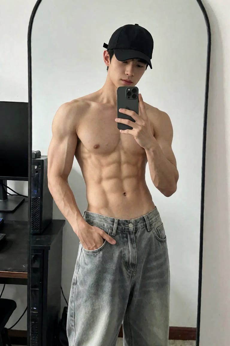 这张照片是一位年轻男性在镜子前自拍的全身照。他上身赤裸,  展现出非常明显的肌肉线条,  包括清晰的腹肌、胸肌和手臂肌肉 by 小纸条 on Tensor.Art