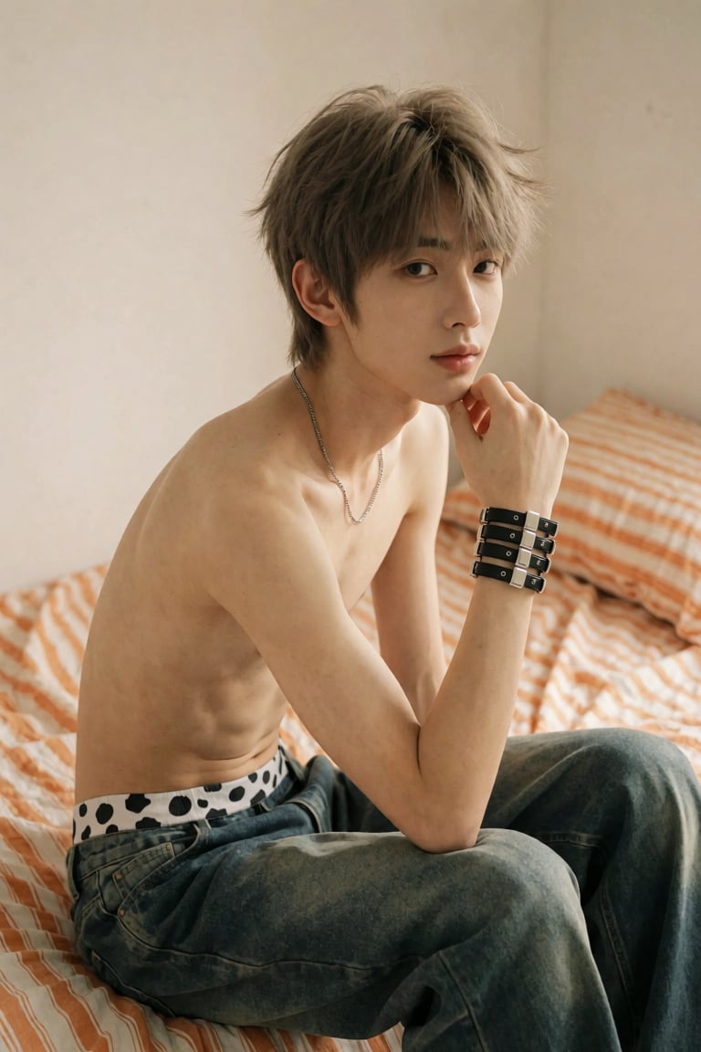 整体画面：居家私房男生写真,  9:16竖版自拍构图,  柔和暖调室内自然光 by 小纸条 on Tensor.Art