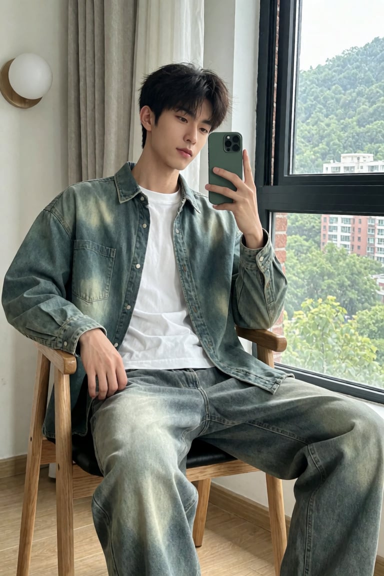 18岁中国休闲型男,  身高185厘米,  身形挺拔。身着青绿色牛仔衬衫（做旧水洗 by 小纸条 on Tensor.Art