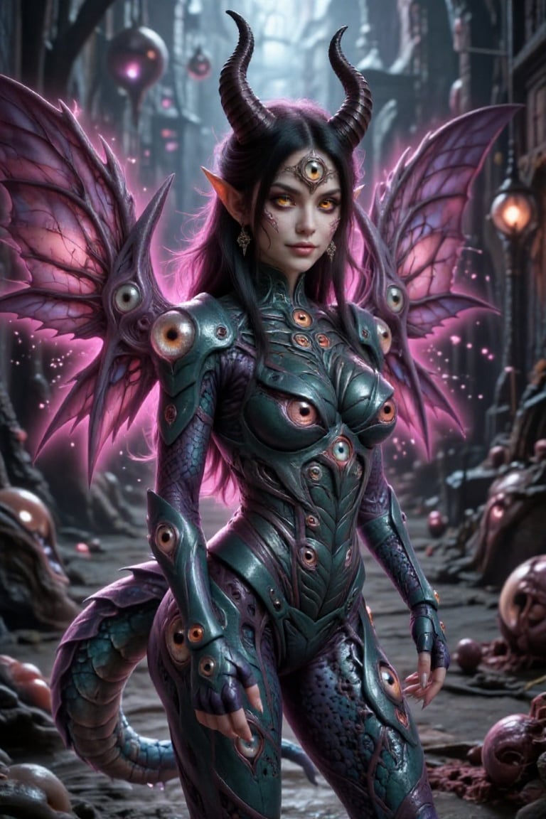 Create a captivating illustration of a 1girl character named Oculia in an apocalyptic street city setting. She possesses a...