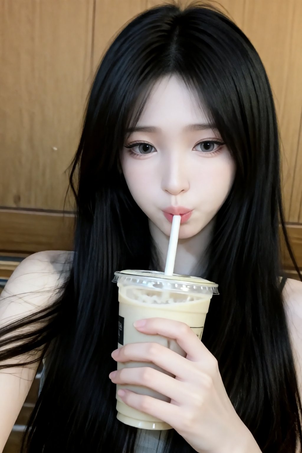 the image features a person with long,  straight black hair that cascades over their shoulders,  they are holding a clear...
