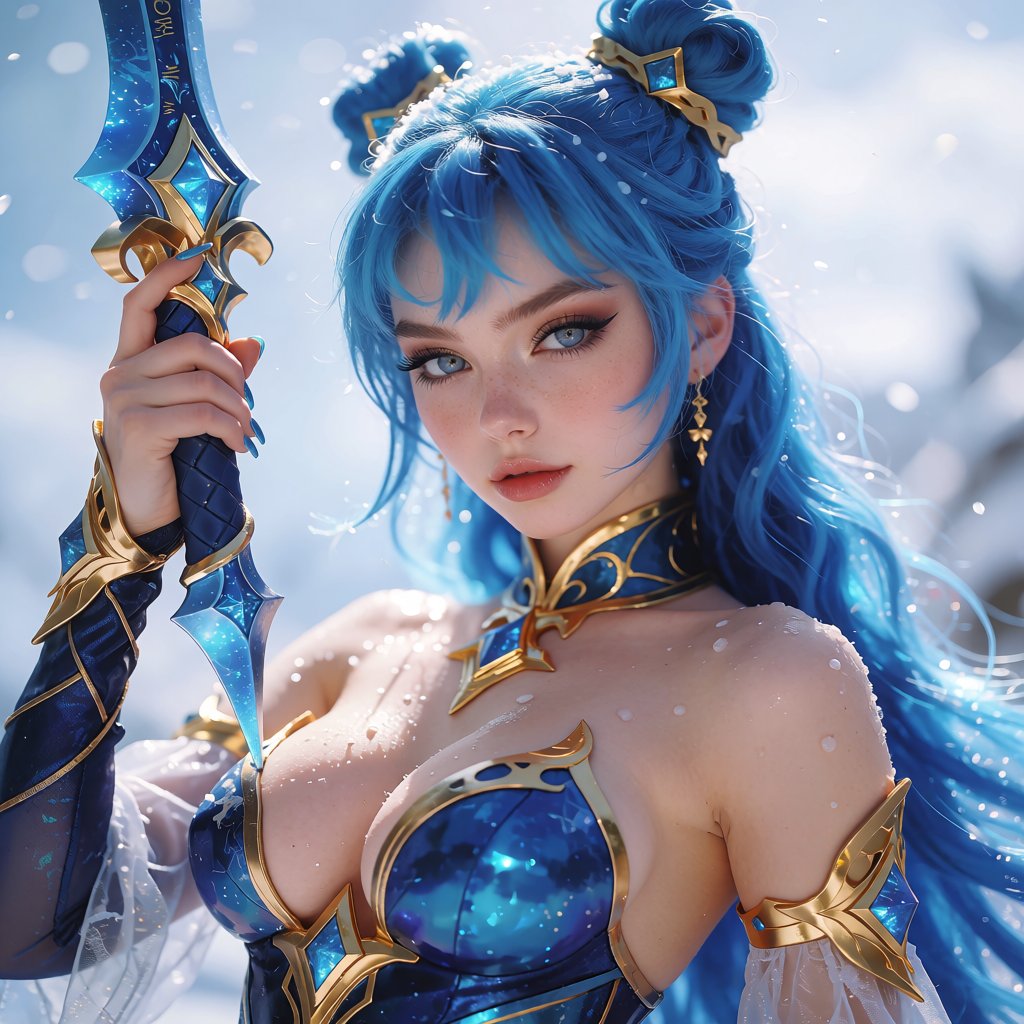 二次元风格,  一位蓝发少女,  手持一把蓝色武器 by Izmys on Tensor.Art