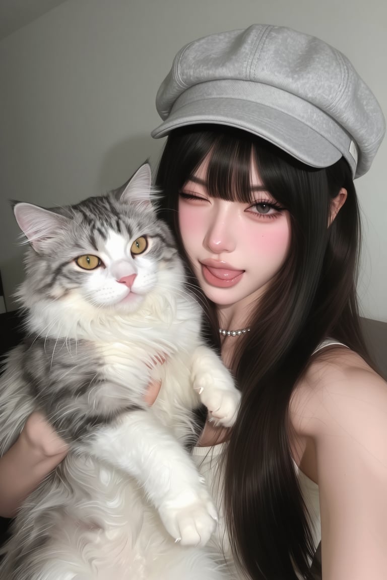 beautiful,  adult,  gorgeous woman with long straight dark hair and blunt bangs holds up a large fluffy grey-and-white tab...