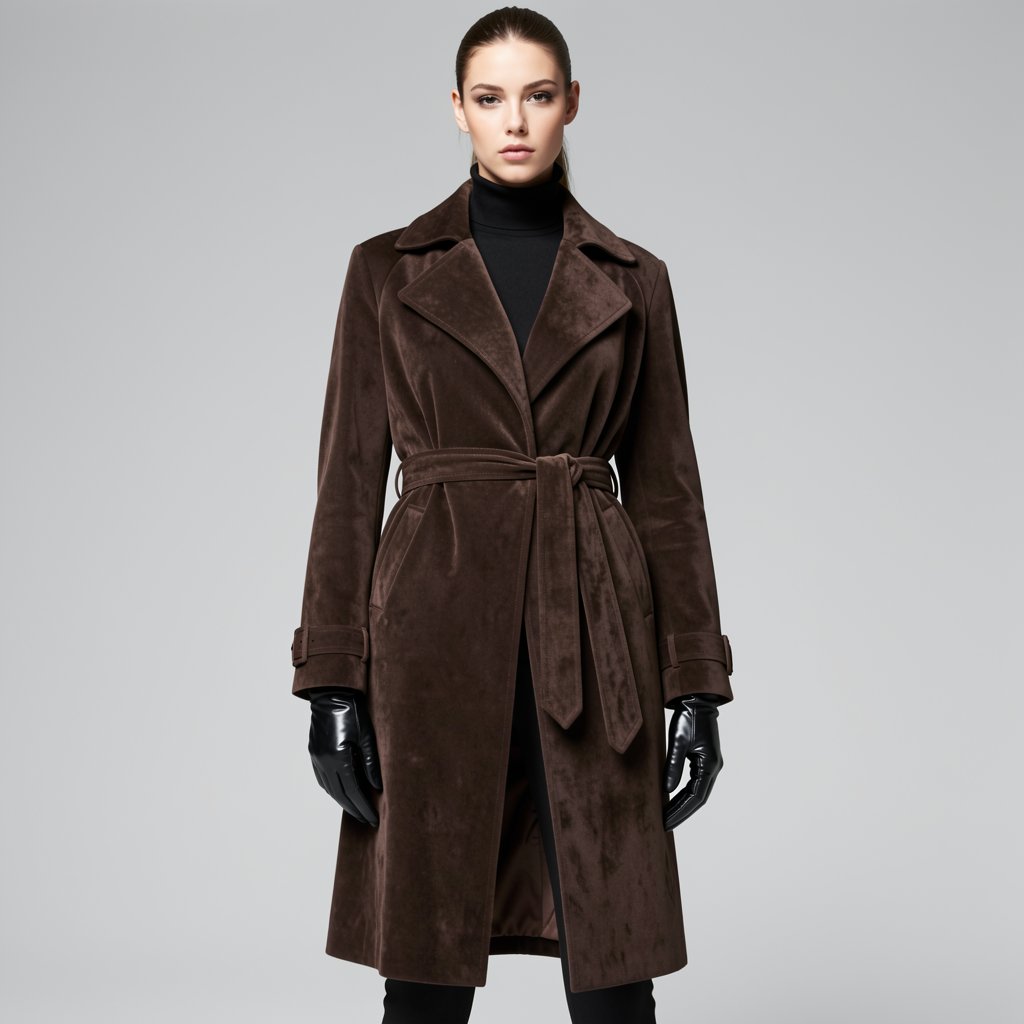 A high-fashion editorial shot of a model wearing a long,  dark chocolate brown suede trench coat with a wide lapel collar,...