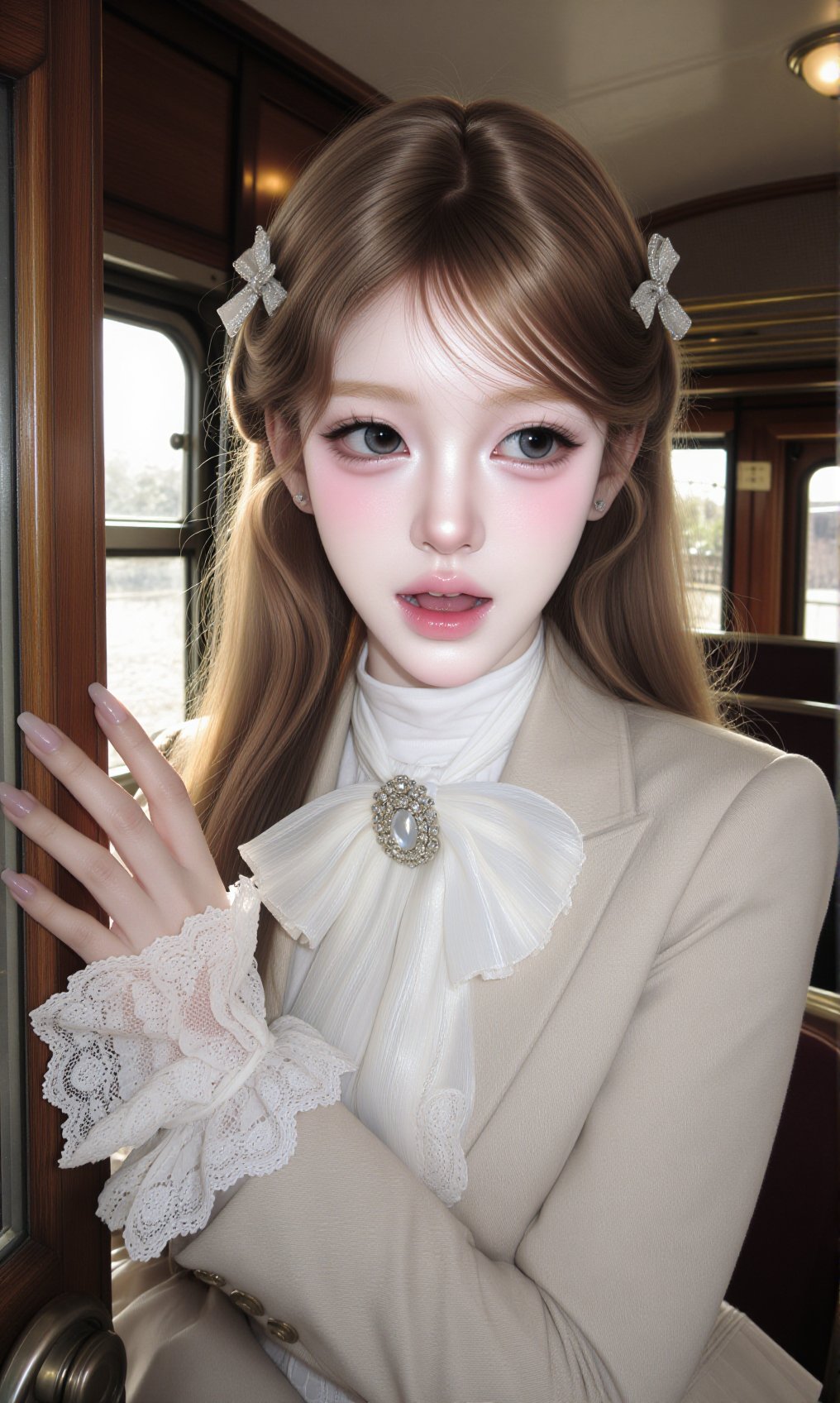candid retro train portrait,  gorgeous hyper-realistic doll-like young Asian woman,  striking symmetrical doll features by...