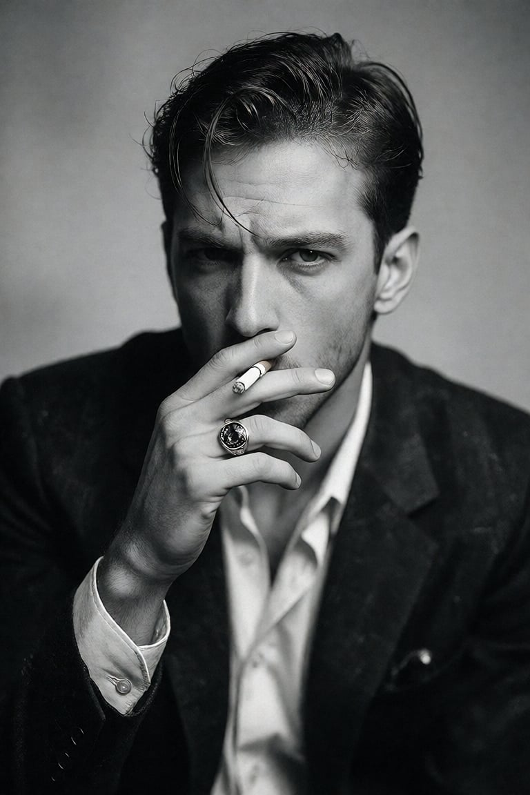 Bradhamel art style. A black-and-white photograph of a man with slicked-back dark hair,  wearing a dark suit jacket over a...