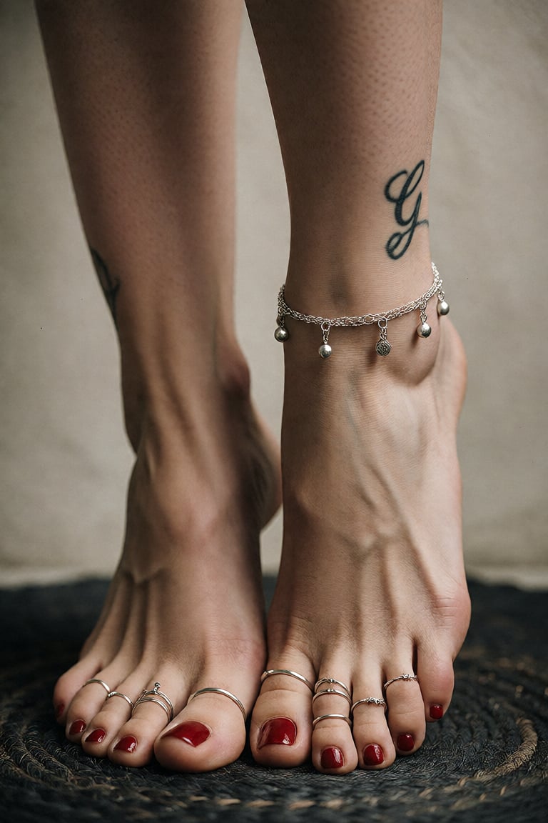 A close-up photograph of a womanâs bare feet and lower legs,  standing on a dark woven mat with a neutral-toned wall in...