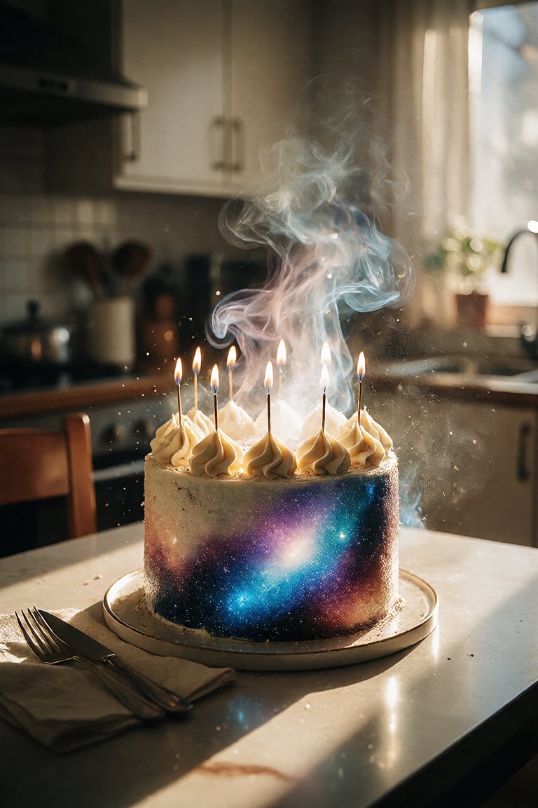 Delicious glowing galaxy cake on a dining table in the kitchen,  comfortable light ,  romantic light by Shopon_skp on Tens...