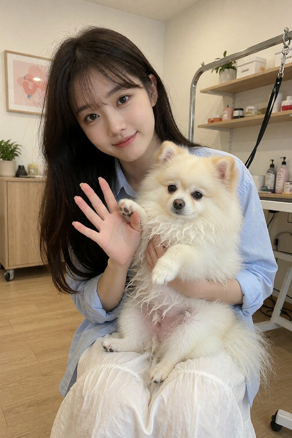 Extremely fair skin,  Korean-style beauty filter,  pure white fur. On a weekend afternoon at a pet grooming salon by Macro...