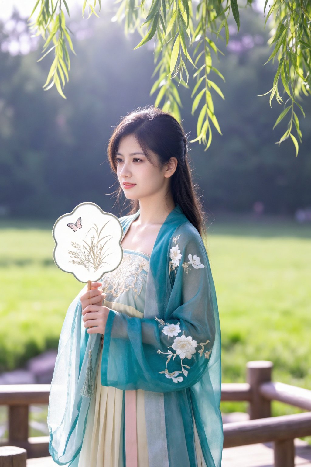 中国女孩小美,  In a sunlit outdoor garden,  a young woman with long dark hair stands partially framed by the hanging green branc...