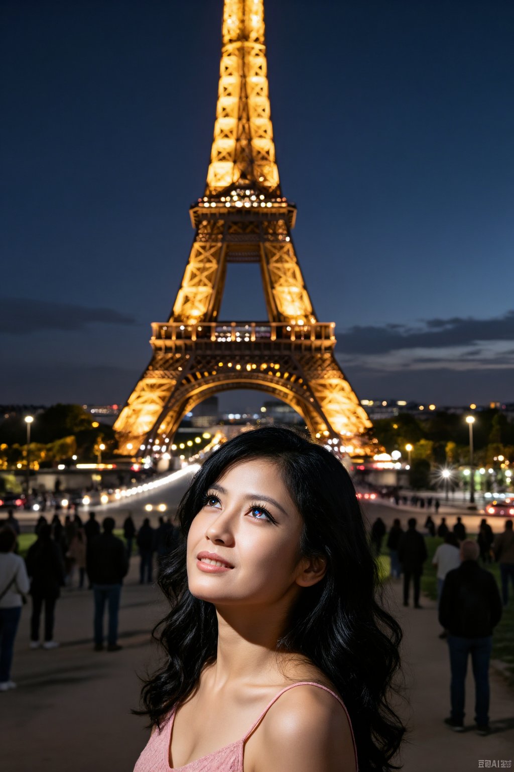 a Chinese women ,  stands under the Eiffel Tower. The iconic steel hollow tower stands in the center of the city. When nig...