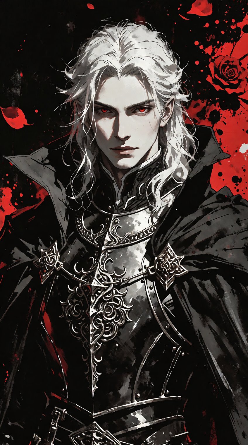 A striking gothic portrait of an elegant young man with flowing,  long white hair and sharp crimson eyes,  looking directl...