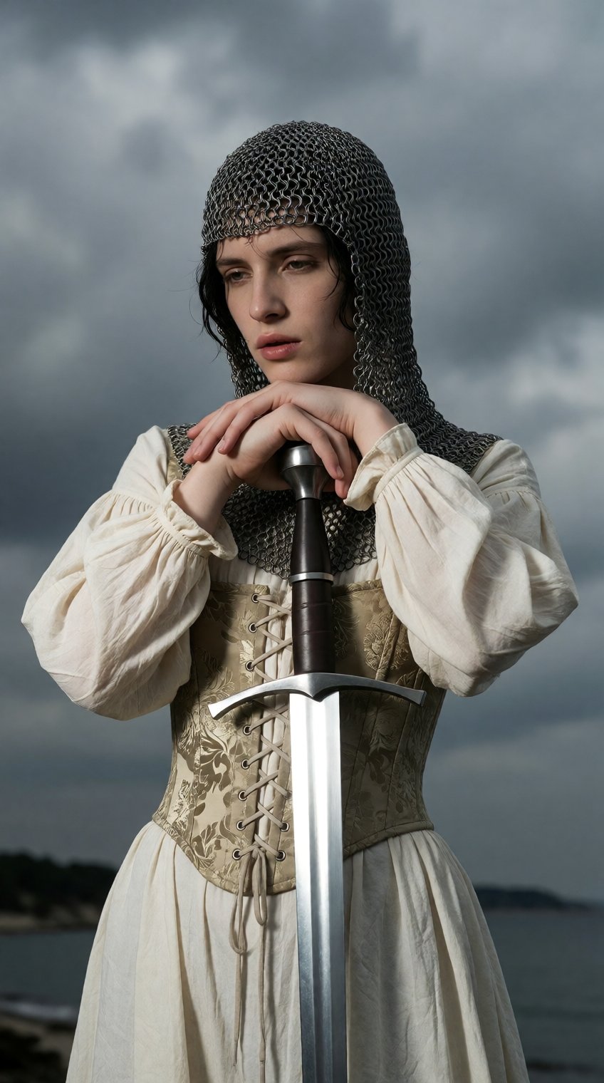 A person with dark hair and pale skin stands outdoors under a heavy,  overcast grey sky,  resting their folded arms on the...