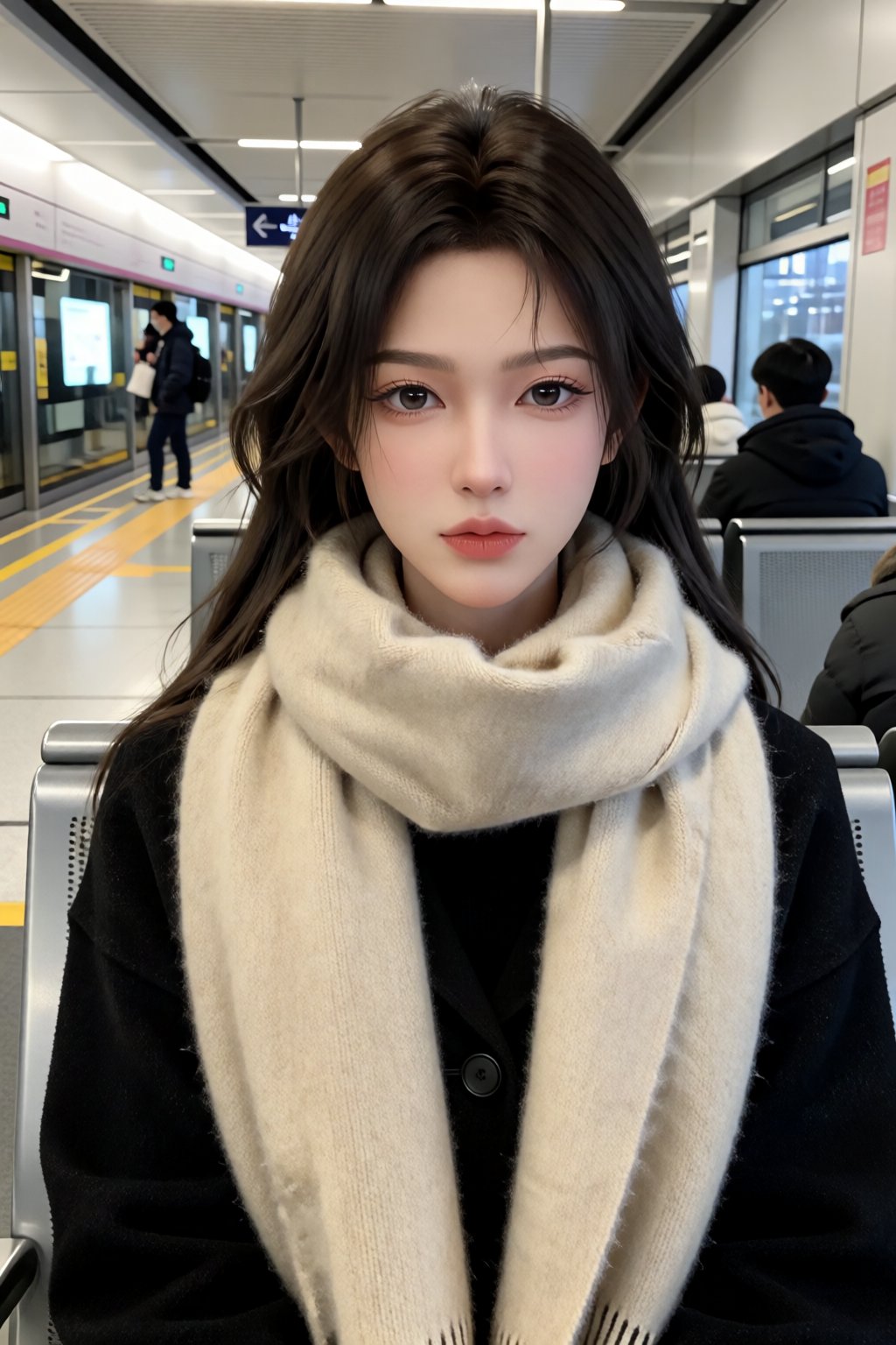生活写实照,  the image depicts a person seated on a subway train,  captured in a close-up portrait by 让AI更感性 on Tensor.Art