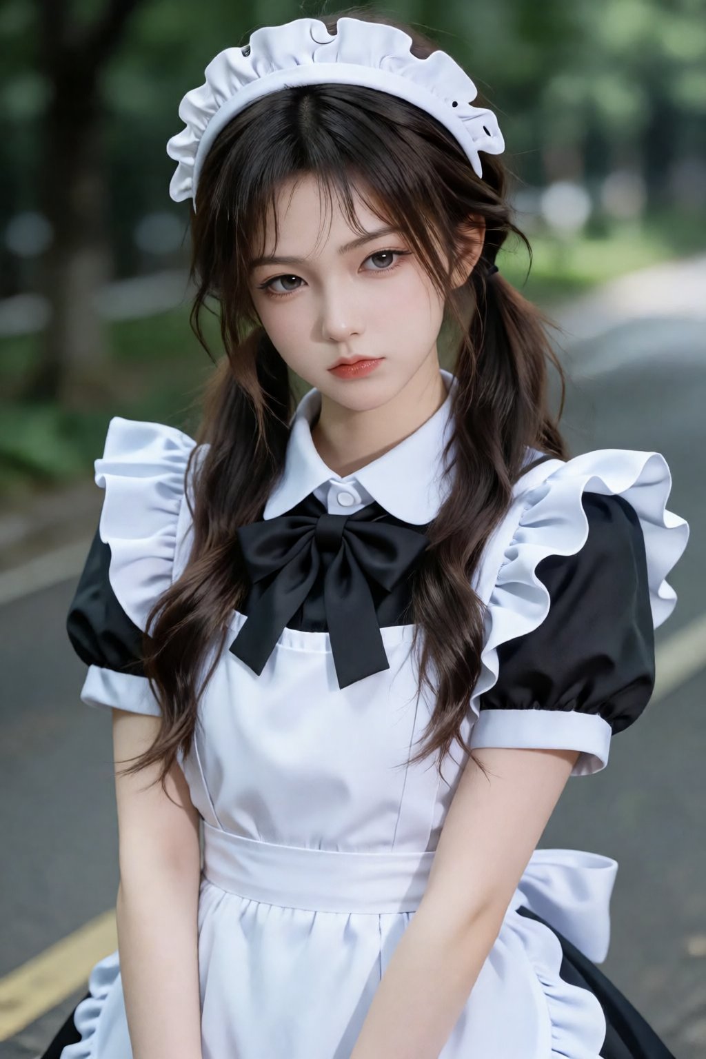 生活写实照,  the image features a young woman dressed in a classic maid outfit,  standing outdoors on what appears to be a pave...