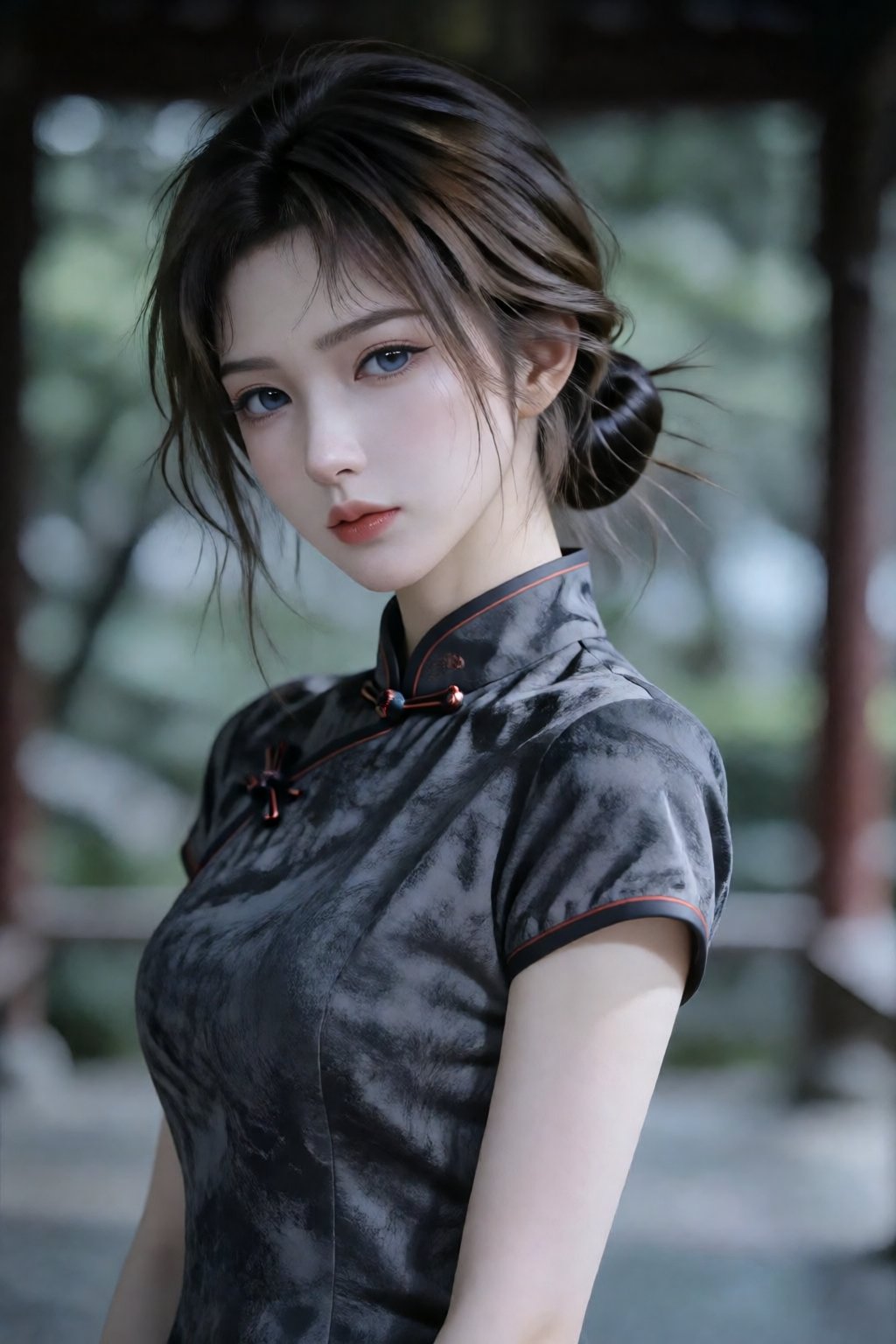 生活写实照,  the image features a woman dressed in a traditional chinese qipao,  characterized by its high collar and side-fast...
