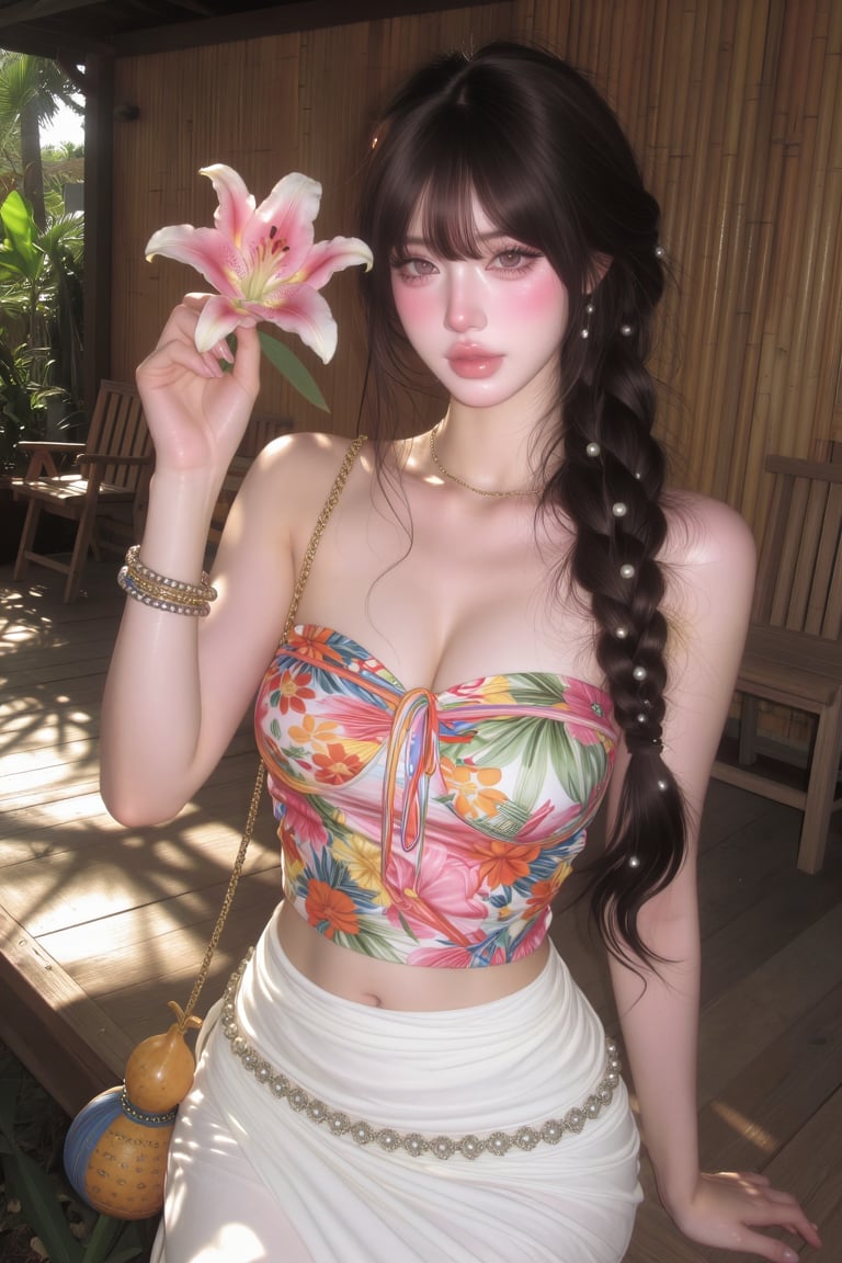 beautiful young woman with long,  dark,  braided hair adorned with pearls by Nini Nozomi on Tensor.Art