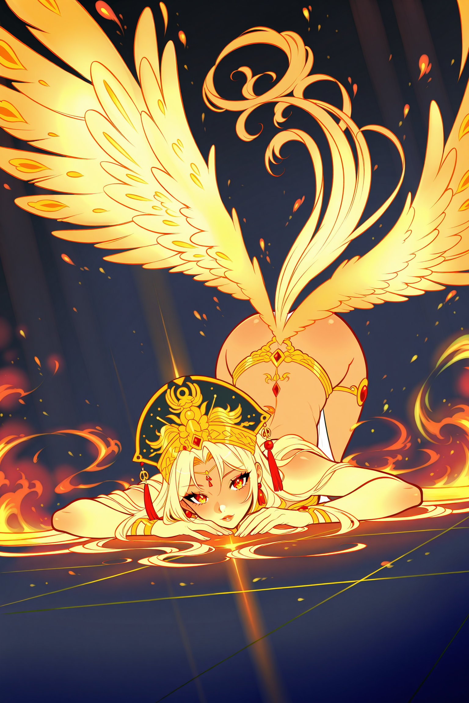 Ultra-detailed,  absurdres HDR portrait of a solar phoenix goddess with flowing golden hair,  fiery wings by Initial-D on...