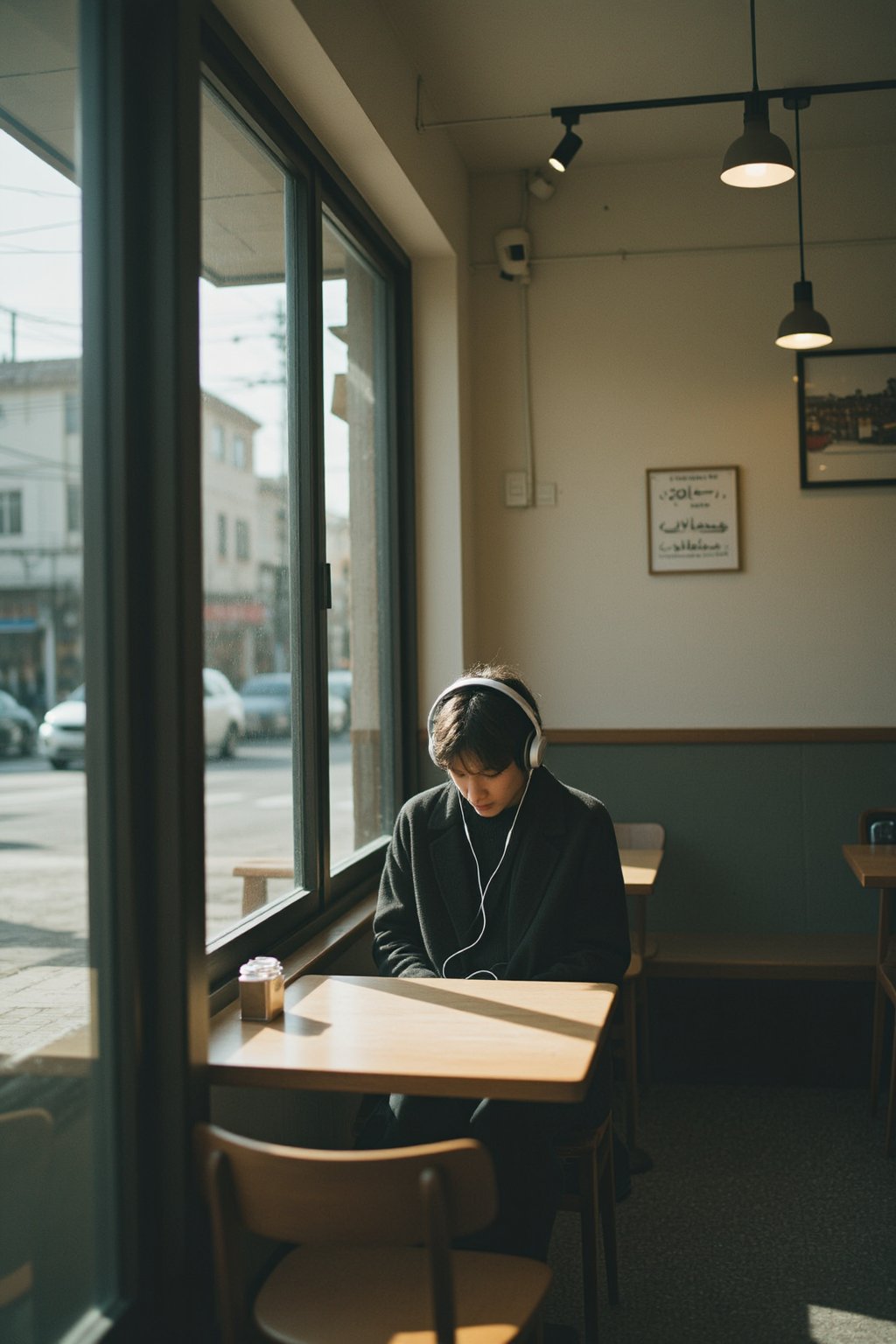 a person sitting alone in a cafe during daytime,  wearing earphones,  sunlight coming through window by RAY3780 on Tensor.Art