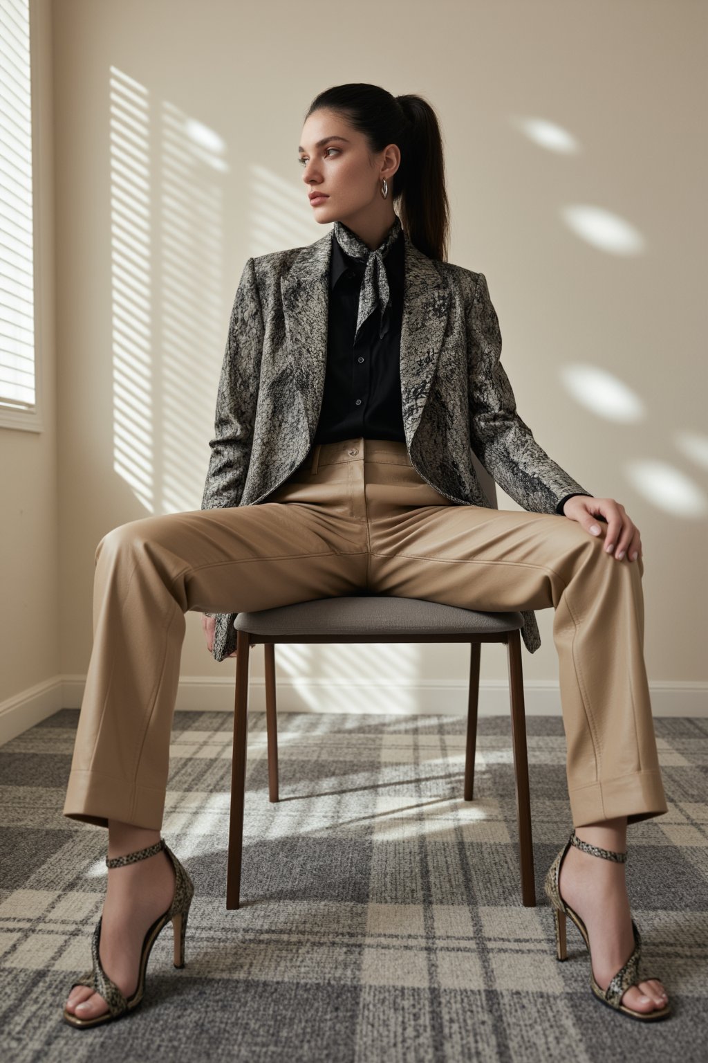 主体：中性风时尚人像,  蛇纹西装与米色皮裤打造又 A 又飒的都市精英气质,  整体充满高级感与力量感。 造型：身着蛇纹印花西装外套 by RAY3780 on Tensor.Art
