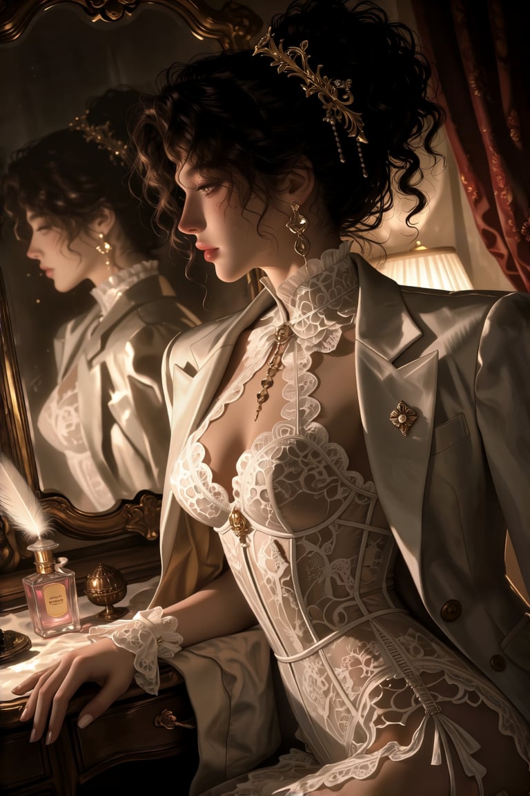 KreaJi-style,  a woman with dark,  textured curls pinned up with a gold hairpiece. She wears an ornate by riiwa on Tensor.Art