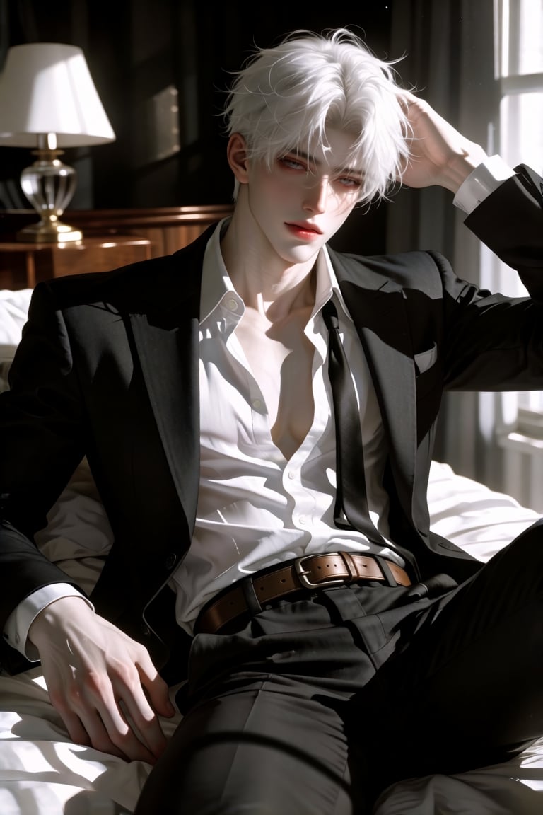 KreaJi-style of a young,  attractive man with pale skin and striking white,  tousled hair by riiwa on Tensor.Art