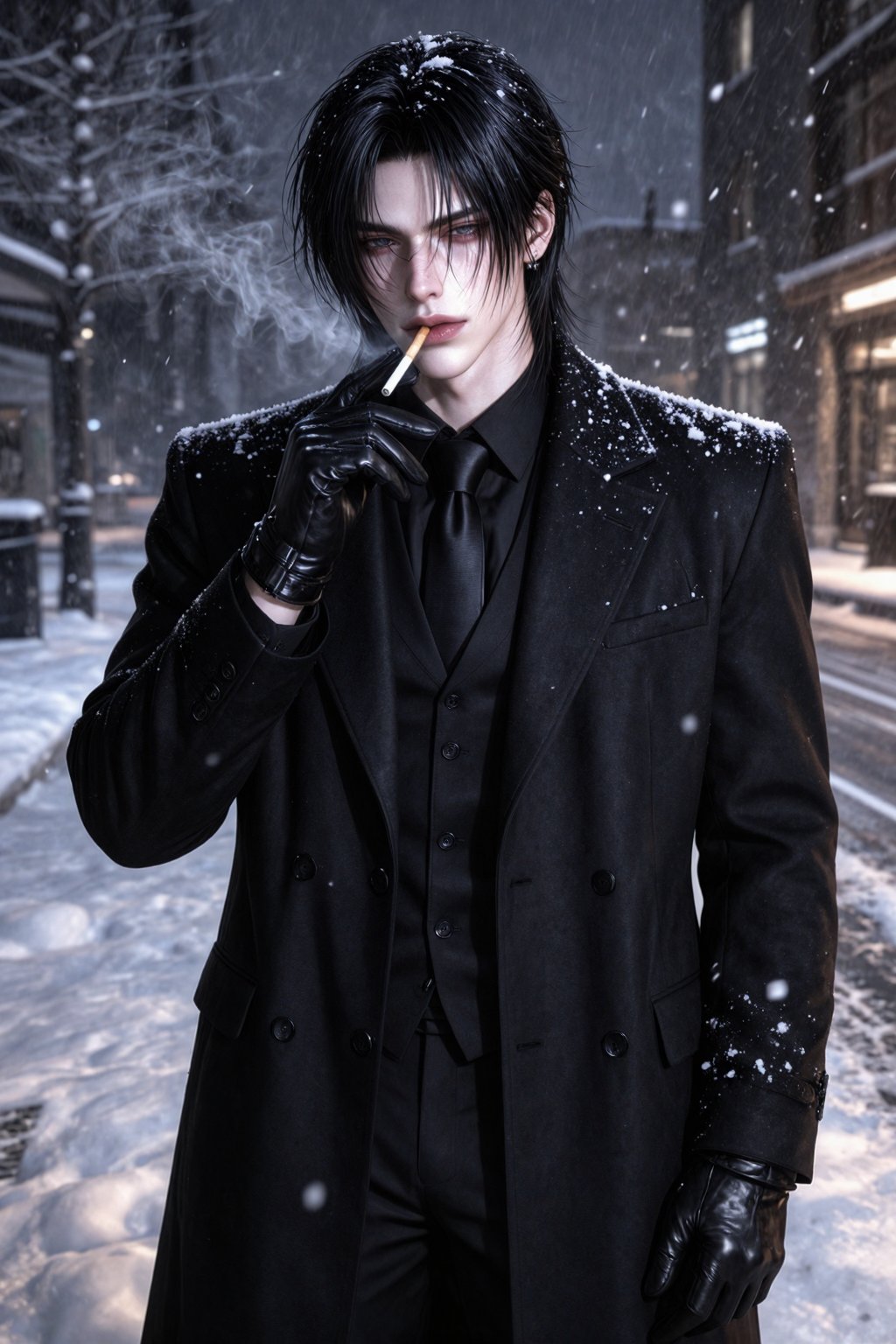 A handsome young mafia boss standing in the middle of a snowy street during a heavy snowfall. Snowflakes rest naturally on...