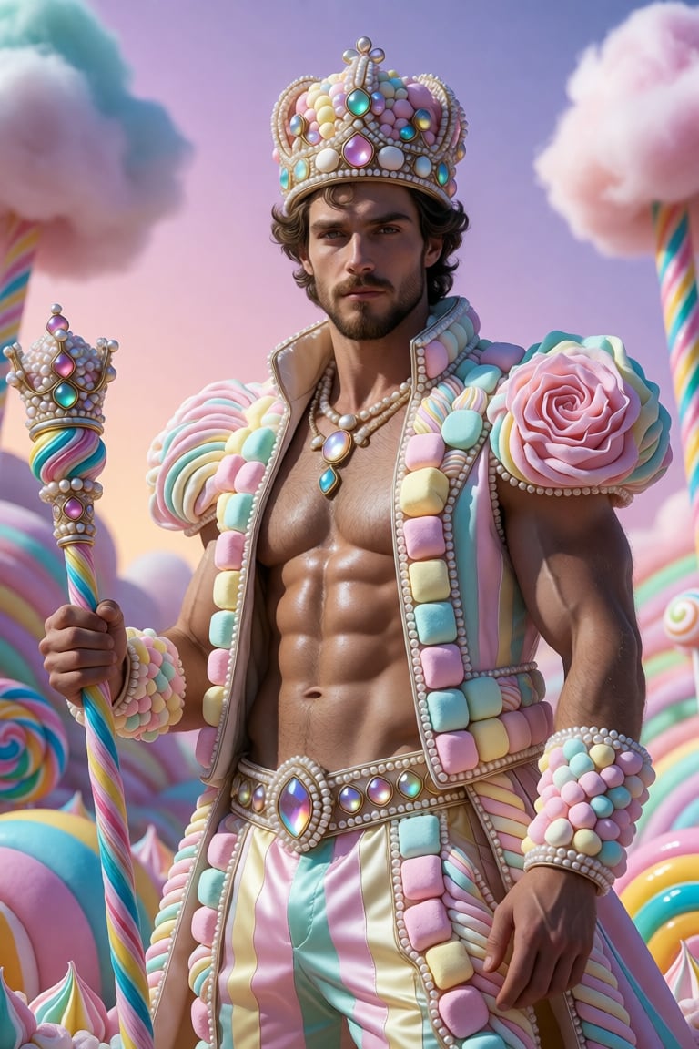 A regal,  hyper-detailed fantasy sovereign stands poised in a dreamscape of confectionery opulence—his chiseled torso glis...