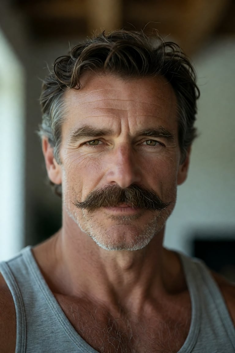 A striking close-up portrait of a mature man with rugged,  soulful intensity—his face a canvas of quiet strength and lived...