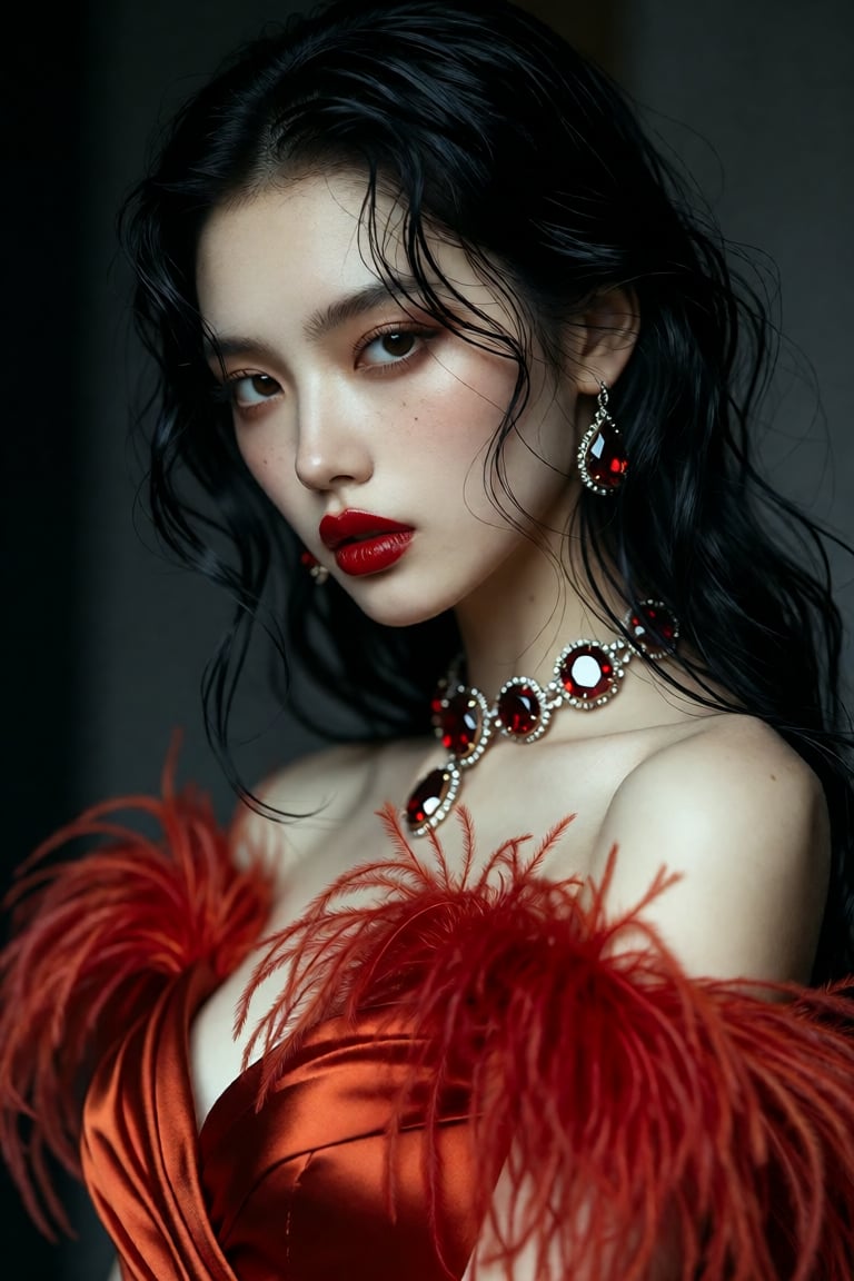 A breathtaking portrait of a young woman,  her porcelain skin luminous under soft,  directional chiaroscuro lighting that...