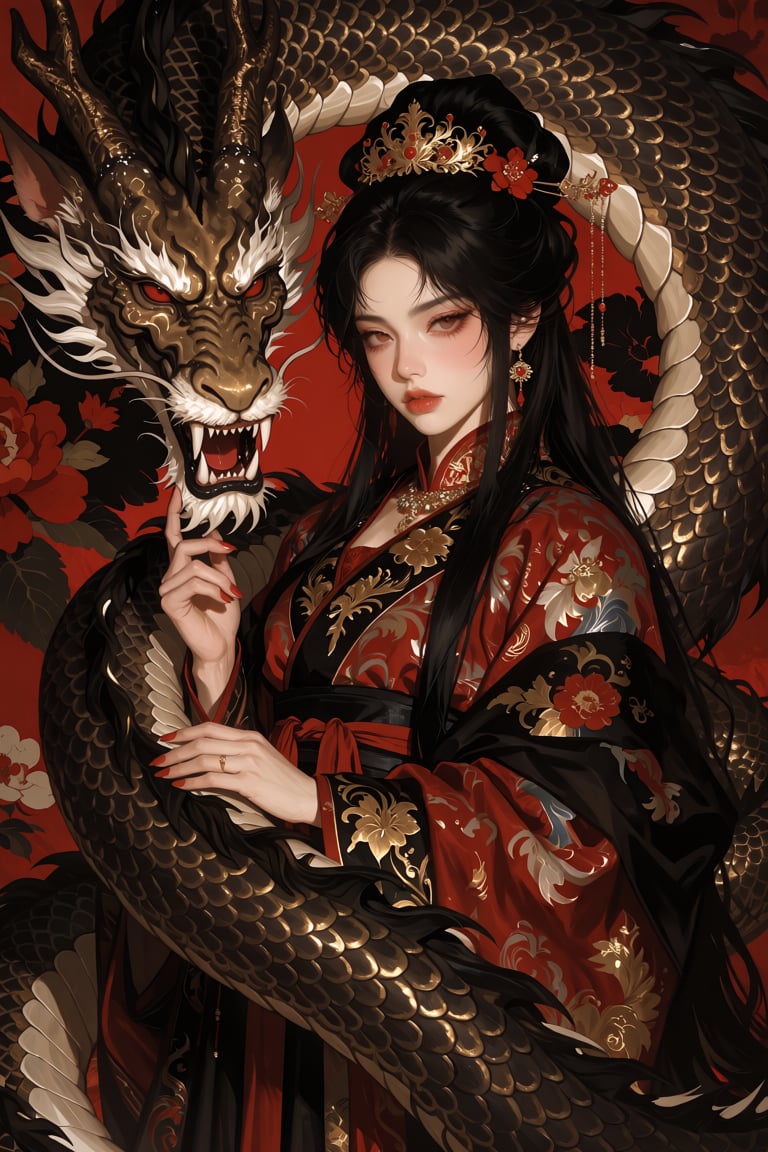 A striking and intense portrait of a regal woman entwined by an elaborate dragon. She stands with an air of authority,  dr...