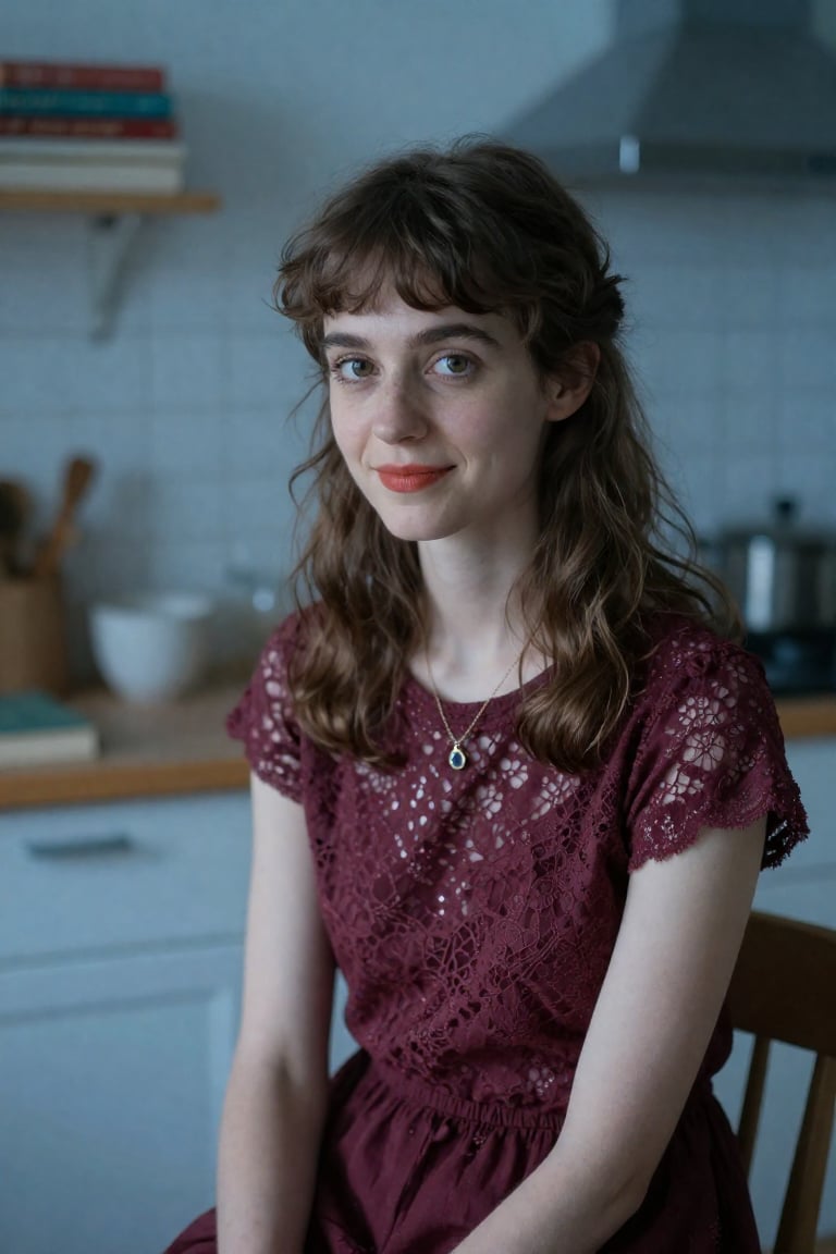 A woman in her early thirties sits comfortably in a sun-drenched kitchen,  bathed in the soft blue light of dusk. Her ches...