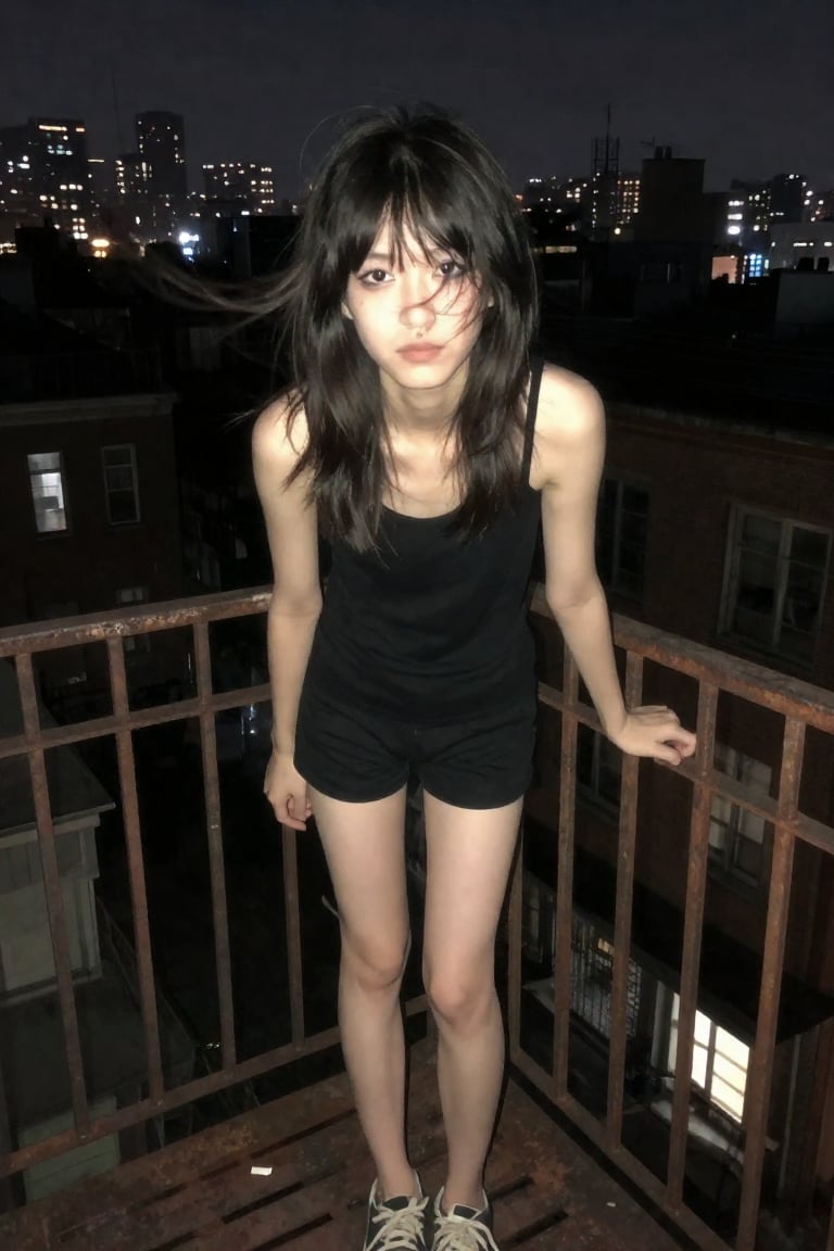 this is an amateur photo taken from smartphone,  casual photo. a low-angle shot of a 22-year-old woman leaning against the...