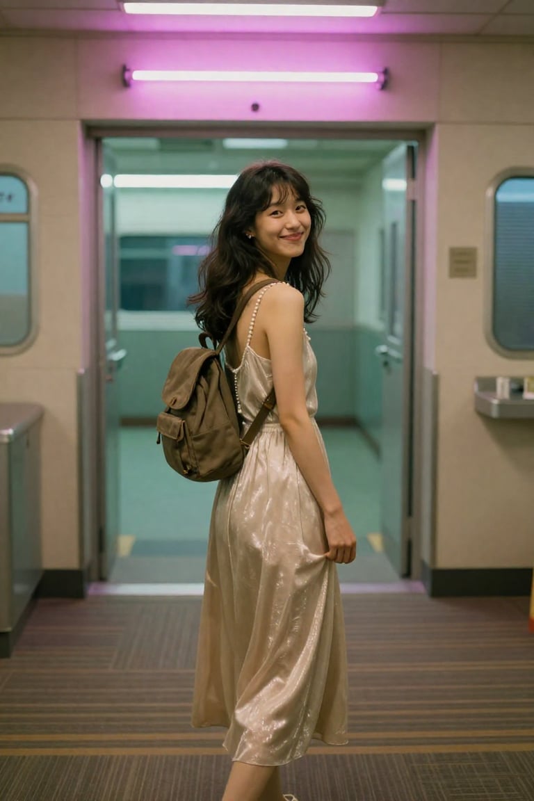 A cute and beautiful young Korean woman walks through modern transit station smiling with backpack. Her expression is flir...