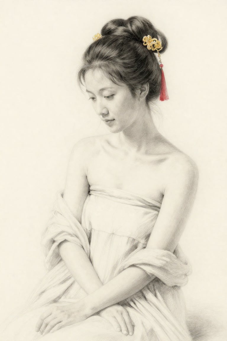 Bradhamel art style. A finely rendered pencil sketch of a young East Asian woman in a classical portrait pose,  her dark h...