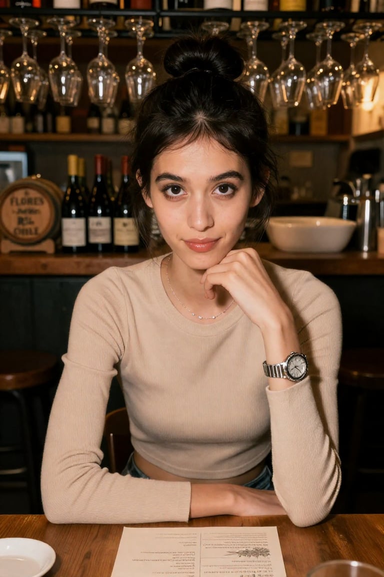 In a warmly lit,  intimate bar setting,  a young woman with dark by Shopon_skp on Tensor.Art